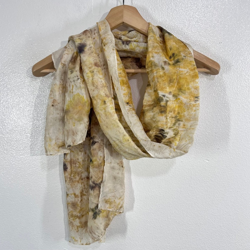 100% Silk Long Wrap Scarf Eco Dyed Botanical Print Mustard Yellow Earthy Boho